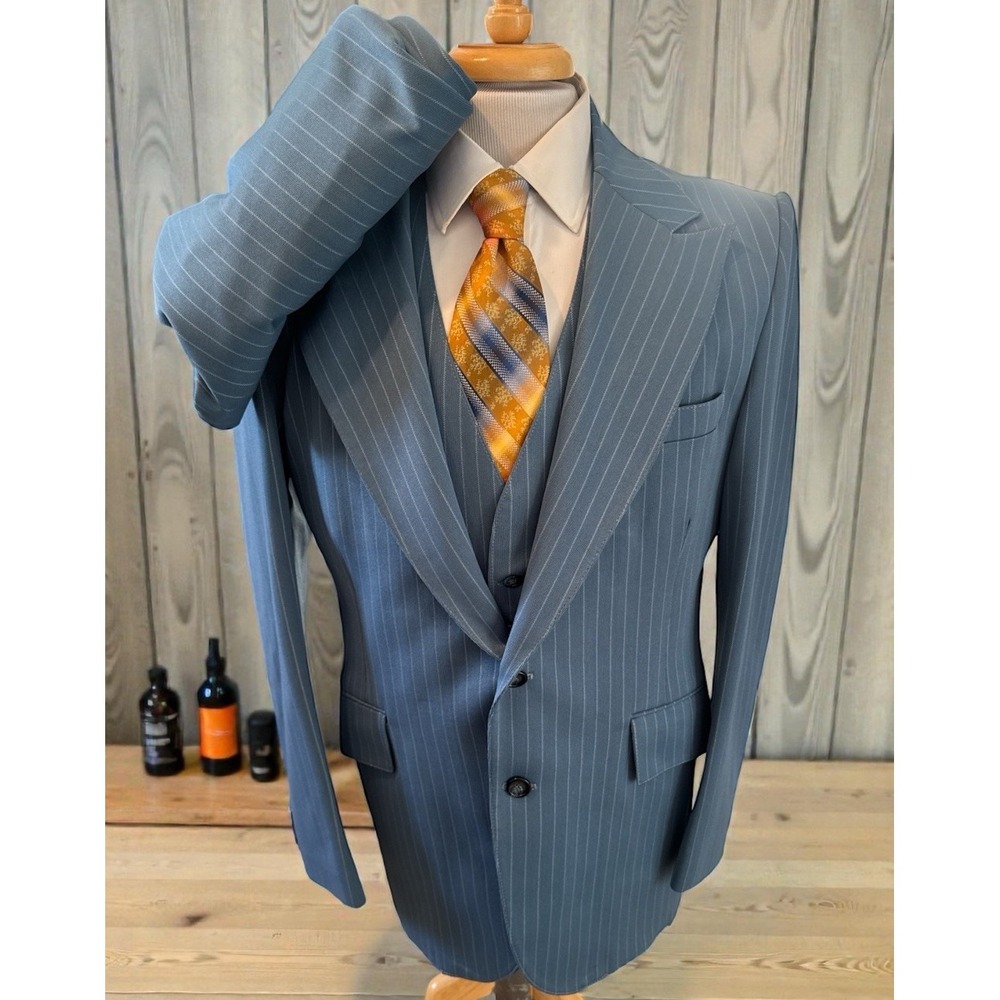 Vintage Pulse Leisure Suit 42L 38 x 33 USA‎ Made 3Pc Blue Stripes Polyester Vest